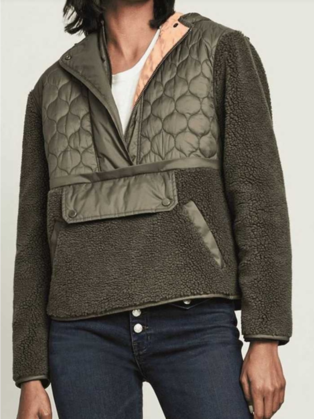 Veronica Beard Olive Green Leo Sherpa Jacket with Orange Quilted Hood